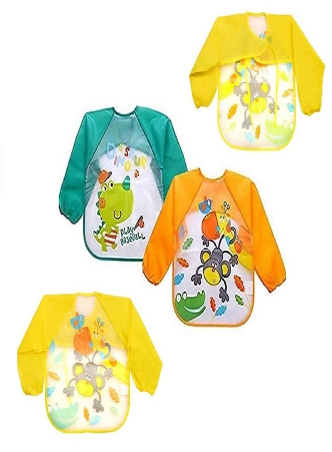 Wavva® Waterproof Colorful Children Bib Cute Cartoon Animals Baby Bibs Full Sleeve Children Apron Long Sleeve Feeding Bibs (Pack of 4) - Image 1