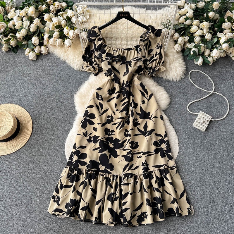 Summer ink painting printing ladies slim-fit mid-length dress womens summer rose waist-tight skirt fashion Khaki 