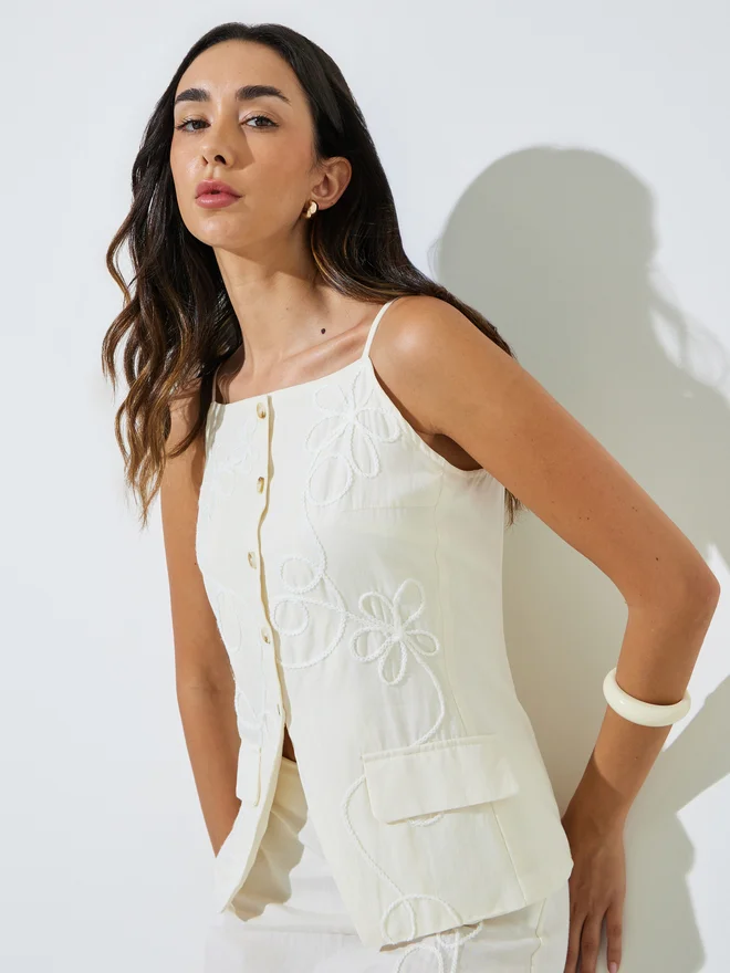 Styli Styli Off White Embroidered Strappy Waistcoat