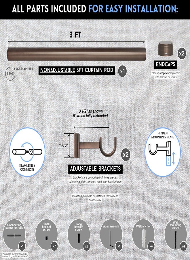 BlastHome® Luxury 3 ft Custom Curtain Rod - 1 1/4" Large Diameter - Premium Brackets & Endcaps - Nonadjustable Rods Connect for a Seamless Look - Oil Rubbed Bronze - Image 3