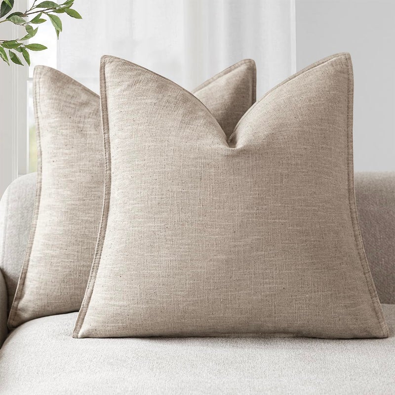 Foindtower Set of 2 Decorative Linen Soild Throw Pillow Covers Soft Accent Cushion Euro Case Boho Farmhouse Pillowcase for Chair Couch Sofa Bedroom Living Room Home Decor 20 x 20 Inch Natural Linen
