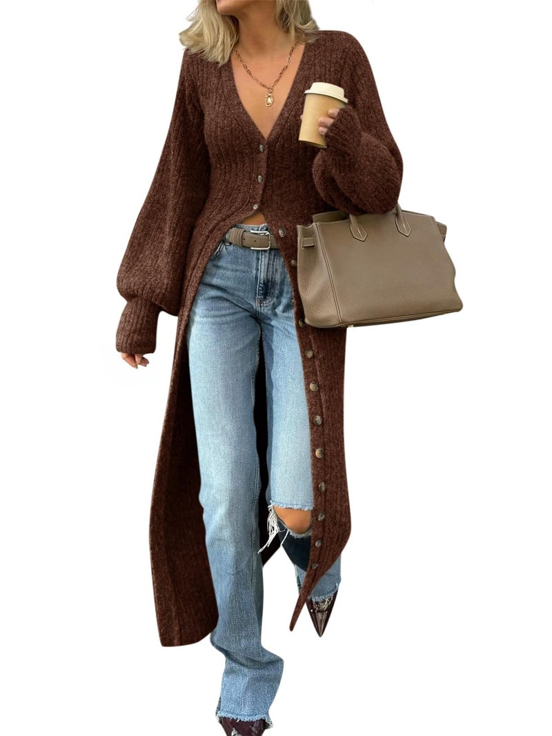 Saodimallsu Womens Long Cardigans V Neck Button Down Chunky Knit Dusters Sweater Coat Fall Trendy Maxi Sweater Dress Brown - Image 1
