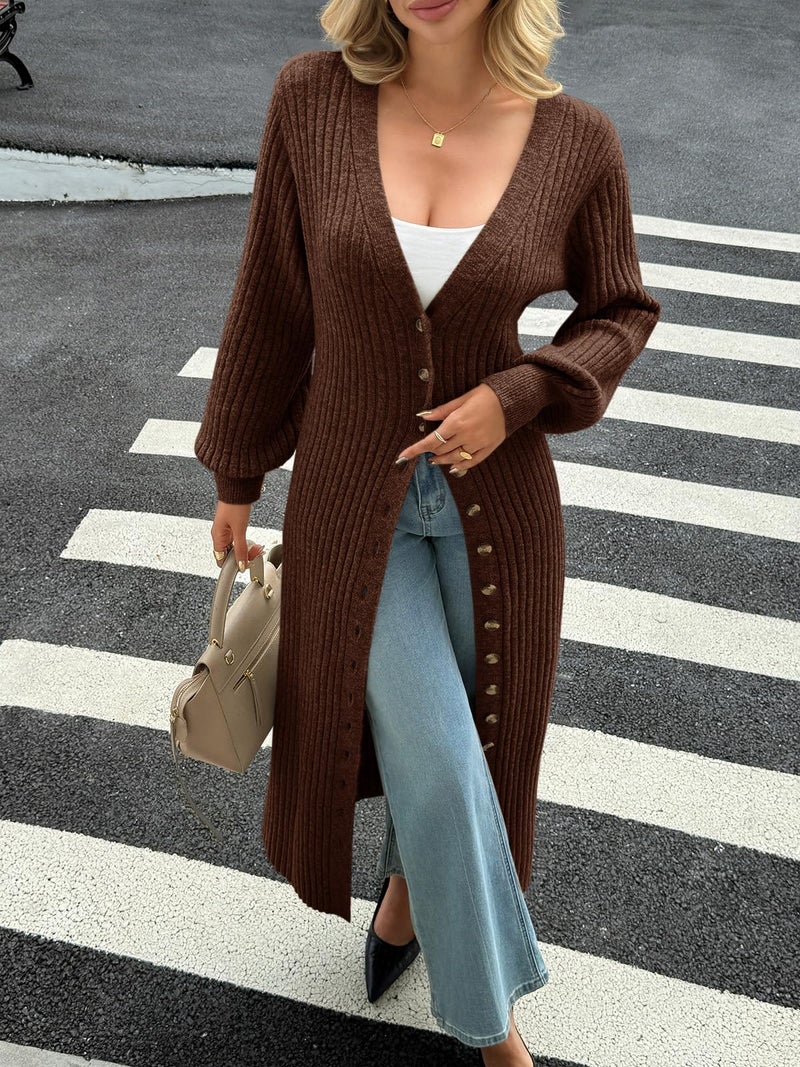 Saodimallsu Womens Long Cardigans V Neck Button Down Chunky Knit Dusters Sweater Coat Fall Trendy Maxi Sweater Dress Brown - Image 3