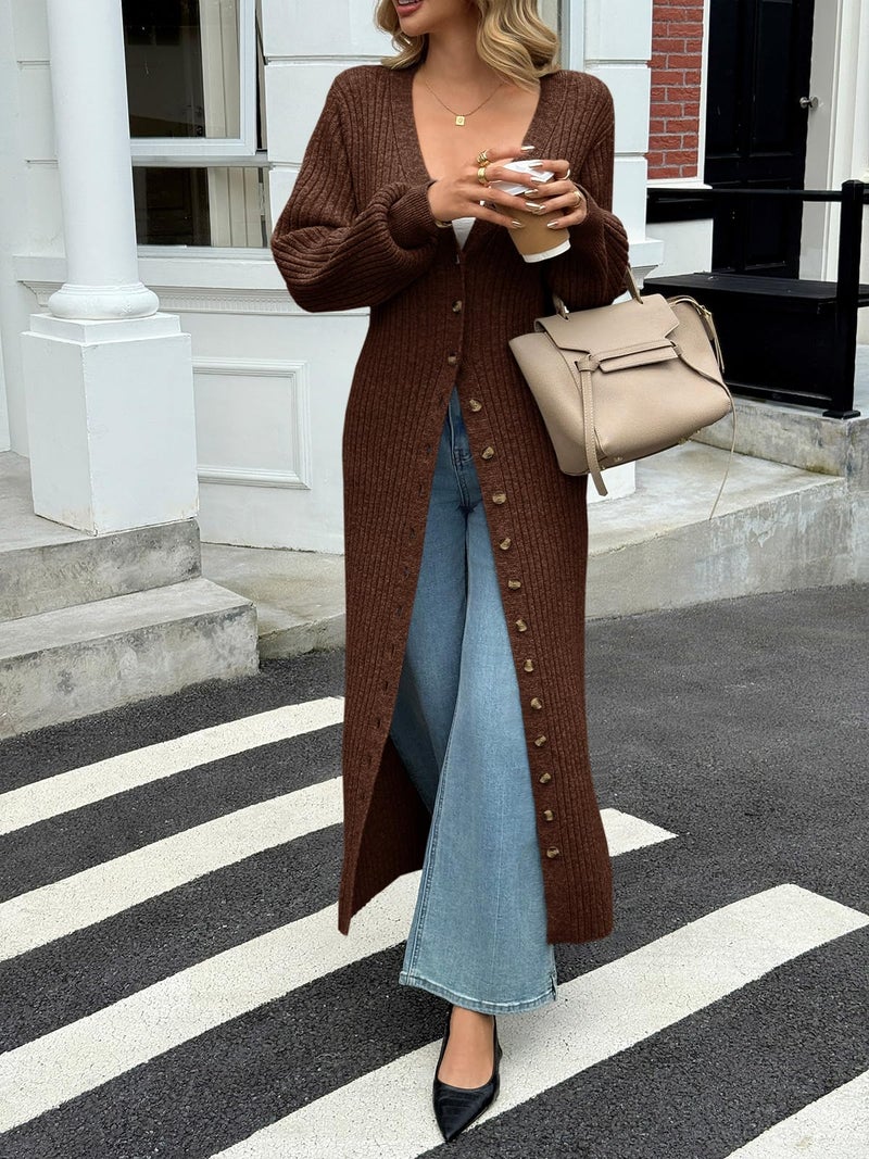 Saodimallsu Womens Long Cardigans V Neck Button Down Chunky Knit Dusters Sweater Coat Fall Trendy Maxi Sweater Dress Brown - Image 2