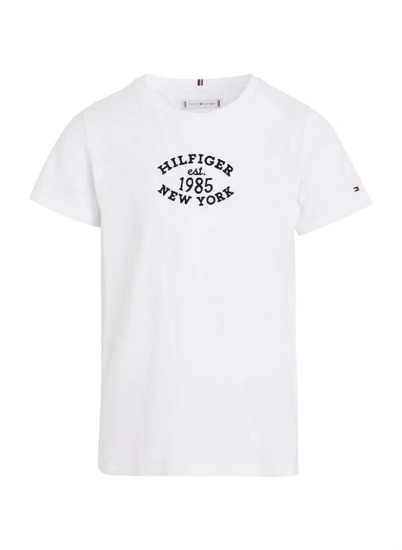 TOMMY HILFIGER Girls' Hilfiger Monotype Flock Logo Slim T-Shirt -  Cotton blend vintage jersey, White