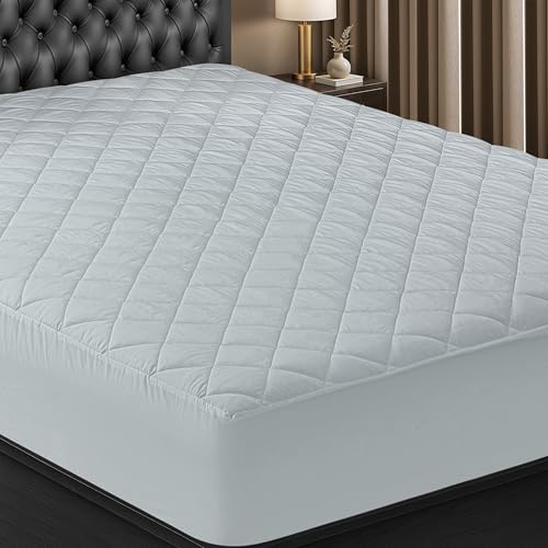 Utopia Bedding Quilted Fitted Mattress Pad Twin Size Elastic Fitted Mattress Topper Protector and Cover Stretches up to 16 Inches Deep Machine Washable Light Grey