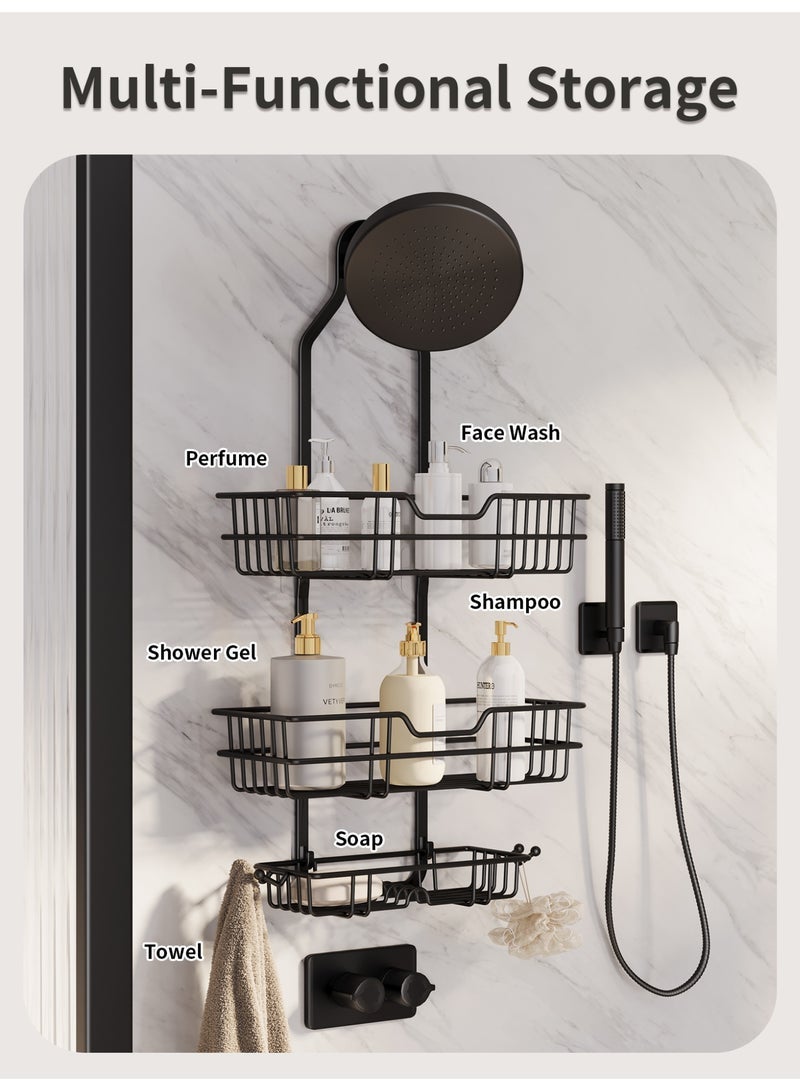 Genie Jar 2 Tier Over Shower Head Caddy No Drilling Hanging Shower Organizer Large Capacity Bathroom Shelf Rack with Hooks Soap Holder Anti Swing Storage - Image 3