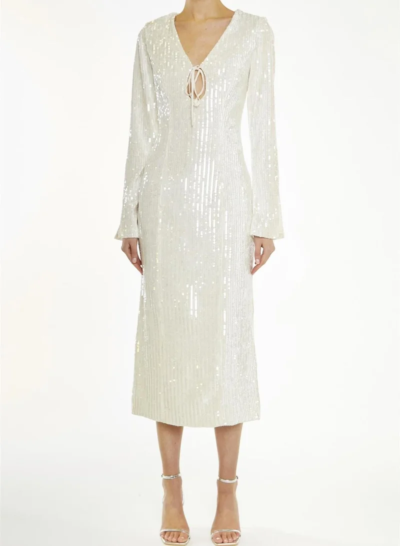 Anais Clear Nude Sequin Flared Sleeve Midi-Dress