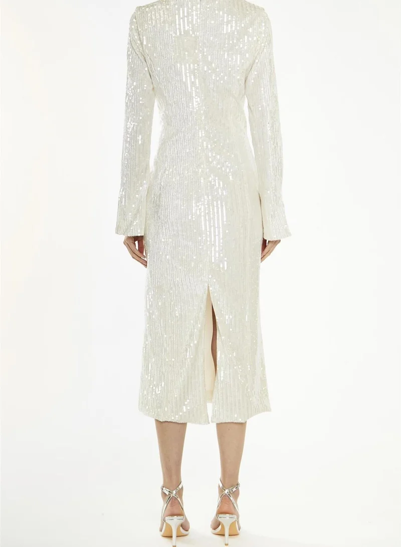 True Decadence Anais Clear Nude Sequin Flared Sleeve Midi-Dress