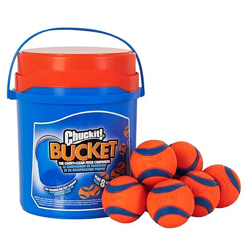 Chuckit! Ultra Ball Dog Toy with Chuckit! Cleaning Bucket, Bouncy Fetch Pet Toys For Dogs 20-60 lbs, Interactive Dog Toys, Durable Rubber, Size Medium, 2.5-inch Diameter, 8-Pack of Balls - Image 1