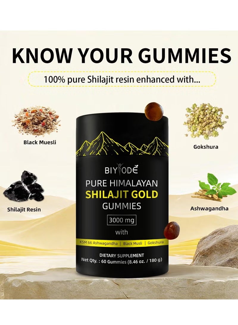 BIYODE Pure Himalayan Shilajit Gummies Gold I Lab Tested I No Added Sugar I Ashwagandha, Gokshura| Fulvic Acid & 85+ Trace Minerals I for Men, Women I Non-GMO I 100% Natural & Organic I 60 Gummy  - Image 3