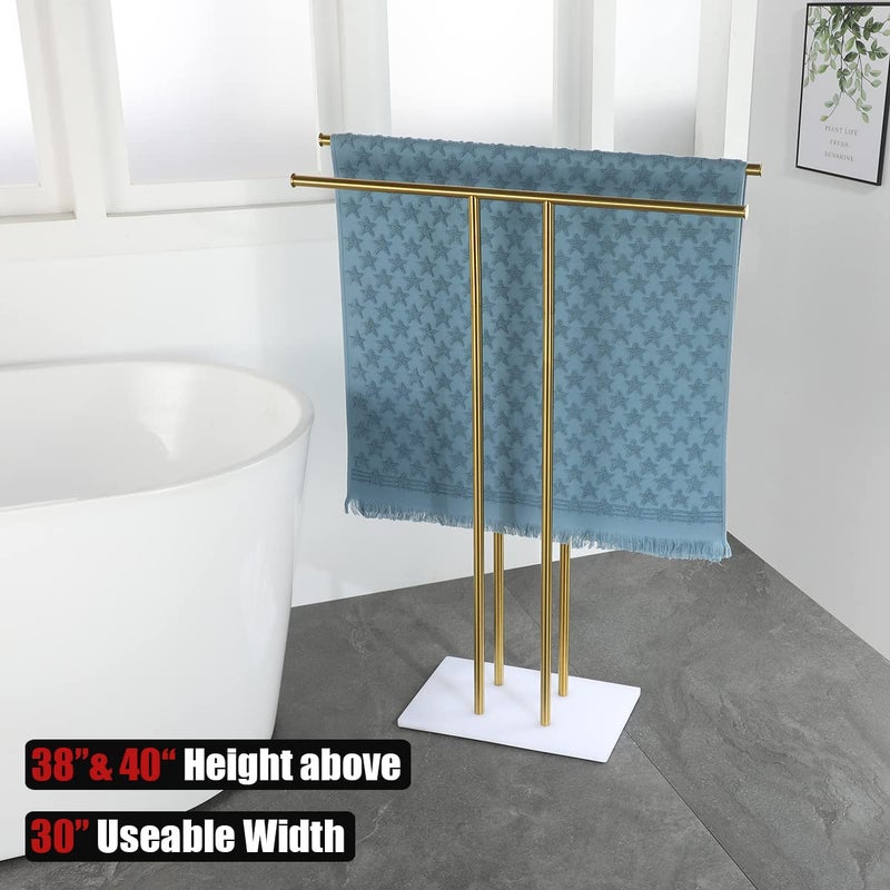 JQK Bath Towel Holder Stand Brushed Gold, 30 Inch Free Standing Double Towel Rack Shelf for Bathroom Floor, Light Gold, BTH100L30-WG - Image 3
