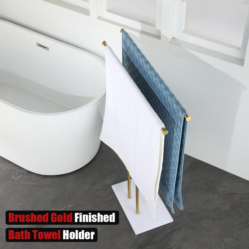 JQK Bath Towel Holder Stand Brushed Gold, 30 Inch Free Standing Double Towel Rack Shelf for Bathroom Floor, Light Gold, BTH100L30-WG - Image 5