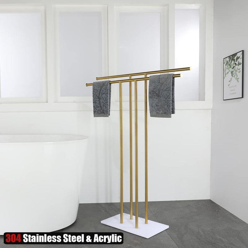 JQK Bath Towel Holder Stand Brushed Gold, 30 Inch Free Standing Double Towel Rack Shelf for Bathroom Floor, Light Gold, BTH100L30-WG - Image 4