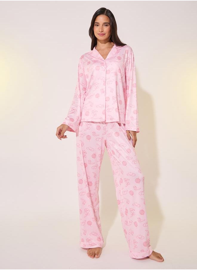 Take Two Allover Printed Shirt and Straight Leg Pants Pajama Sets  - Image 2