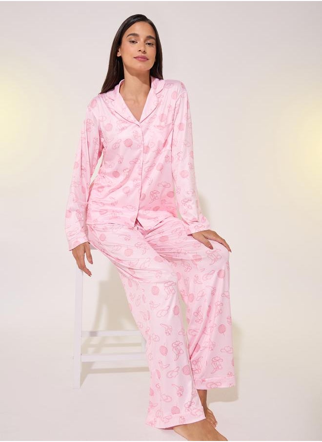 Take Two Allover Printed Shirt and Straight Leg Pants Pajama Sets  - Image 1