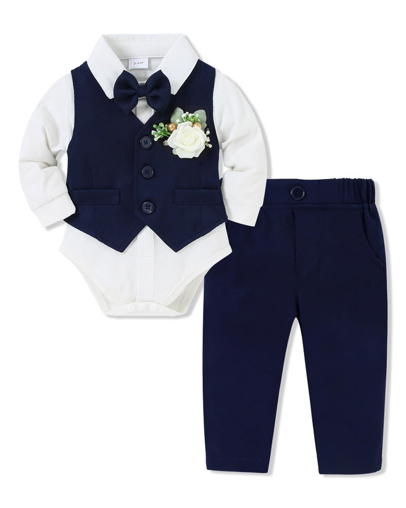 SANMIO Baby Boy Clothes Suits Infant Gentleman Outfit Collared Dress ShirtVestTieCorsagePants 5Pcs Baby Suit Sets