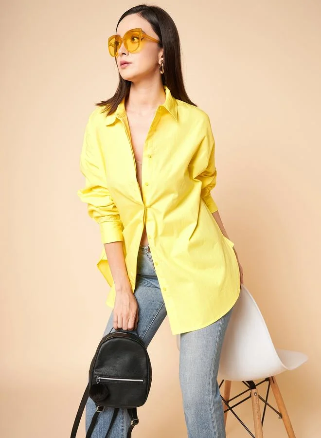HIGH STAR  Women'S Yellow 100% Cotton Solid Pattern Button Down Shirt for Women | Best Price UAE
