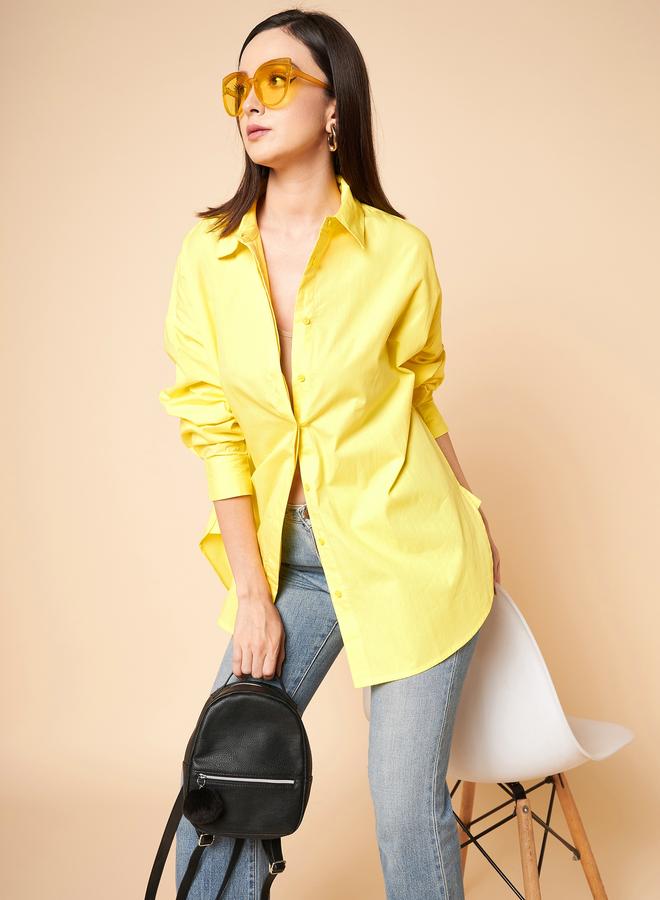 HIGH STAR Women'S Yellow 100% Cotton Solid Pattern Button Down Shirt - Image 5