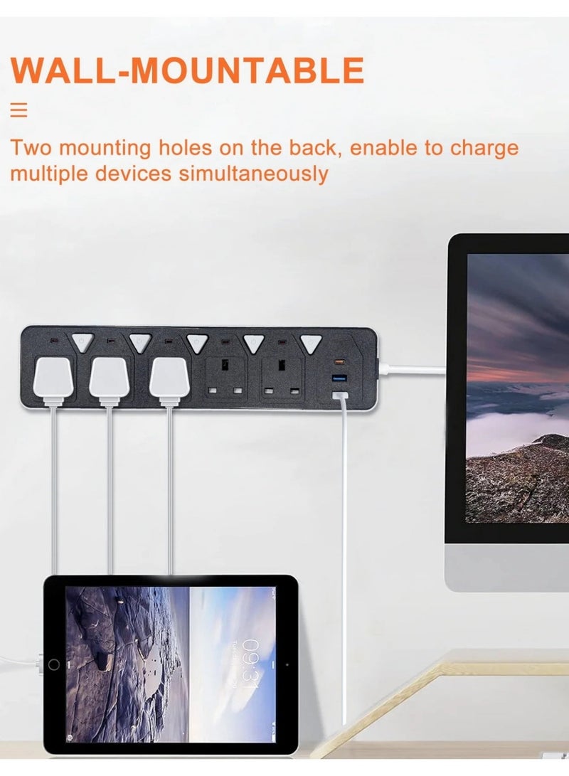 مشترك كهربائي 2000 واط بخمس منافذ و2 منفذ USB ومنفذ تايب-سي للشحن السريع، سلك قوي بطول 3 أمتار، مزود بحماية للأطفال وزر تشغيل/إيقاف – متعدد المقابس للاستخدام المنزلي والمكتبي - Image 2