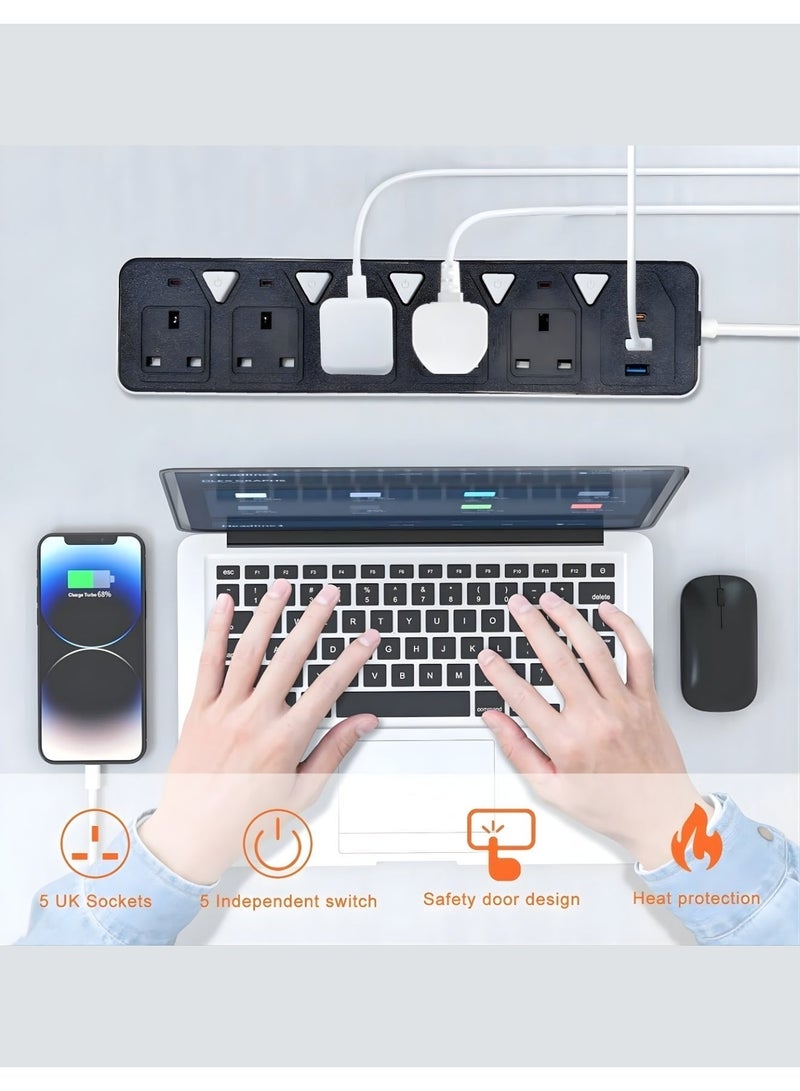 مشترك كهربائي 2000 واط بخمس منافذ و2 منفذ USB ومنفذ تايب-سي للشحن السريع، سلك قوي ، مزود بحماية للأطفال وزر تشغيل/إيقاف – متعدد المقابس للاستخدام المنزلي والمكتبي - Image 4