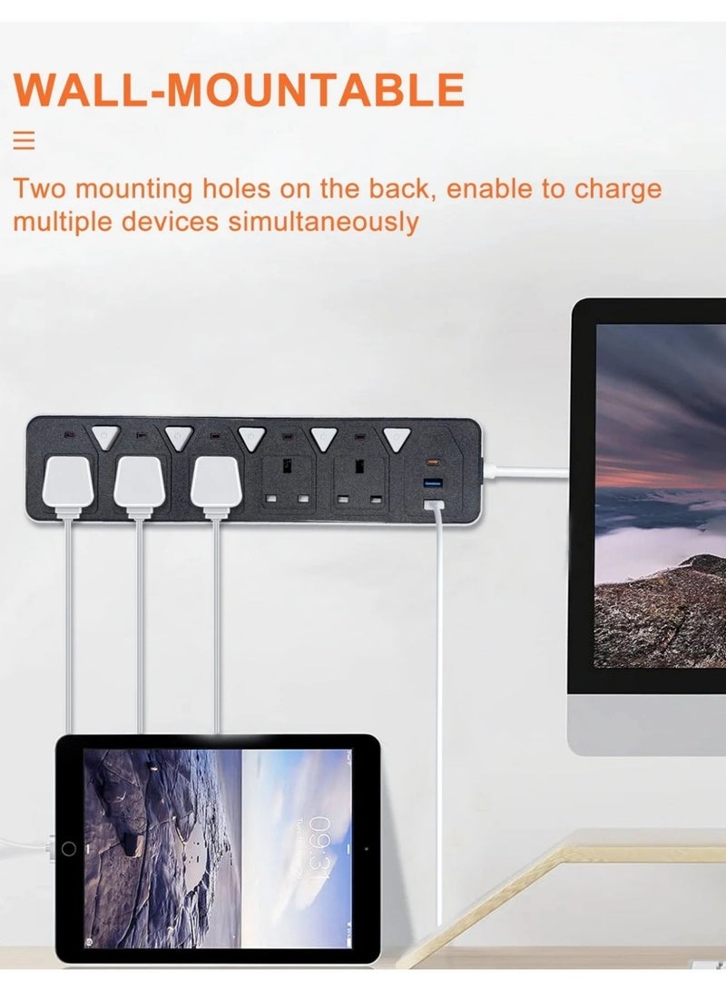 مشترك كهربائي 2000 واط بخمس منافذ و2 منفذ USB ومنفذ تايب-سي للشحن السريع، سلك قوي ، مزود بحماية للأطفال وزر تشغيل/إيقاف – متعدد المقابس للاستخدام المنزلي والمكتبي - Image 2