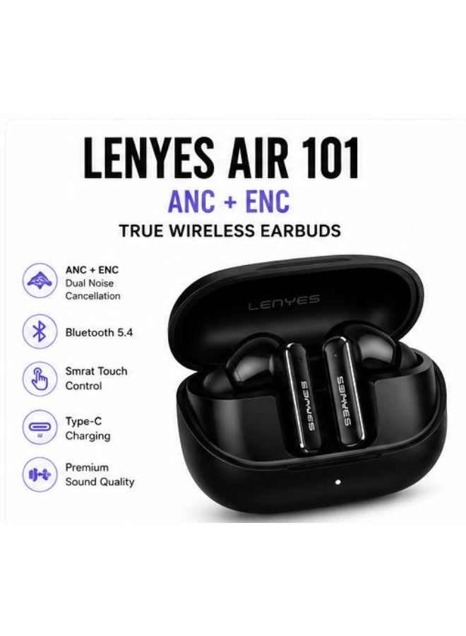 LENYES AIR 101 True Wireless Earbuds Bluetooth 5.4 ANC ENC Noise Cancelling Earphones HiFi Stereo Sound Touch Control USB-C Black - Image 2