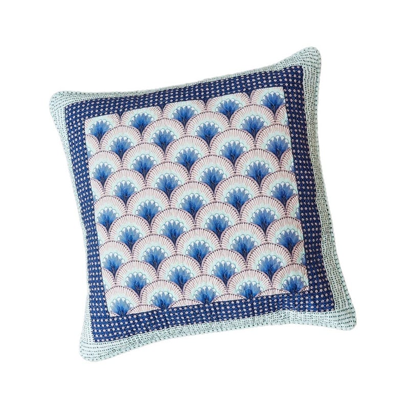 DaDa Bedding Minty Blue Mediterranean Euro Pillow Sham Cotton Patchwork Fans Breezy Ocean Waves Shell Pattern Vibrant Lavender Grey Navy Cushion Cover 26 x 26 1Piece