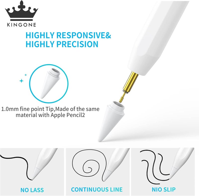 Kingone Stylus Pen,ipad Pencil With Ultra High Precision &Tilt Sensitivity,LED Power Display Strong Magnetic,Prevents False Touch,Universal iPad Stylus Pencil for iPa d 2018 & Later (White) - Image 3