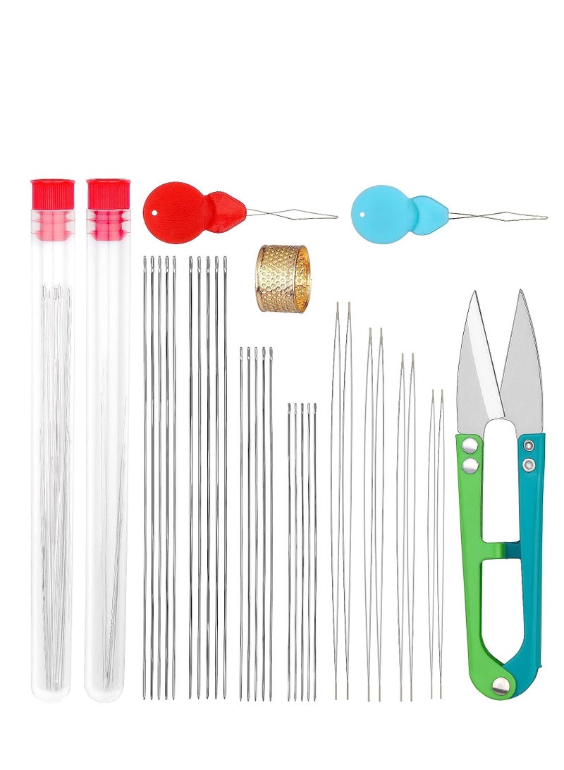 SOLARAE 28 Pcs Beading Needles Set Include 20 Pcs Long Straight Beading Thread Needles 8 Pcs Big Eye Beading Needles Embroidery Needles with Needle Bottle Thimble Needle Threaders for Jewelry Making - Image 1