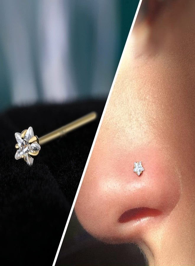 COCHARM 14k Solid Gold Fishtail Nose Stud Ring 20g 14k Real Gold Bendable Nose Rings Long Nose Stud CZ Star Yellow Gold Nose Piercing Jewelry for Women Men - Image 3