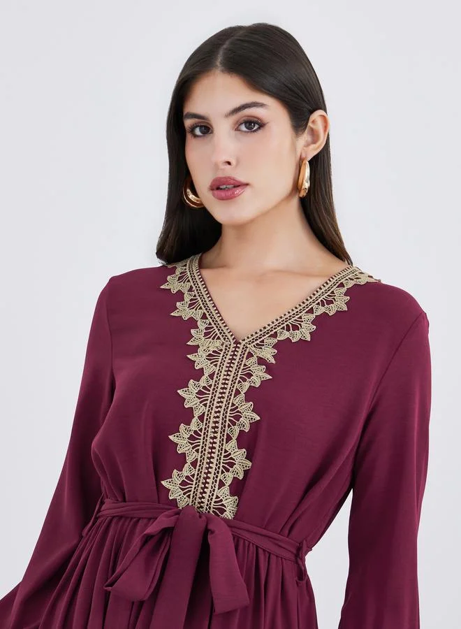 Amirah Burgundy Women Burgundy Lace Detail V Neck Jalabiya with Fabric Belt for Women | Best Price UAE