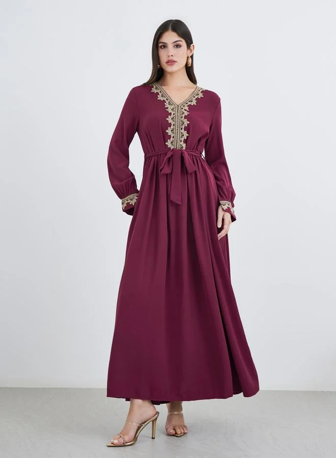 Amirah Women Burgundy Lace Detail V Neck Jalabiya with Fabric Belt