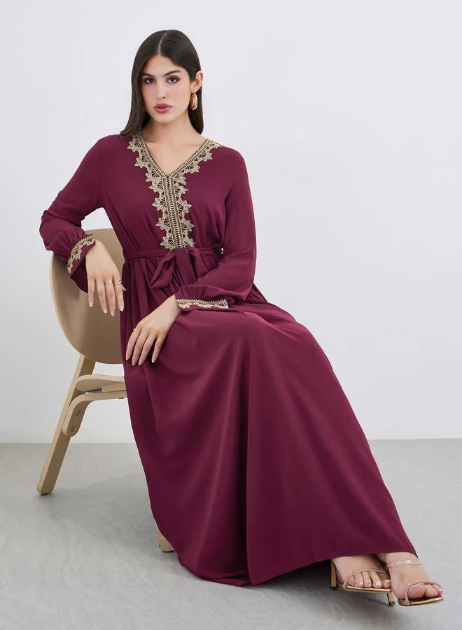 Amirah Women Burgundy Lace Detail V Neck Jalabiya with Fabric Belt