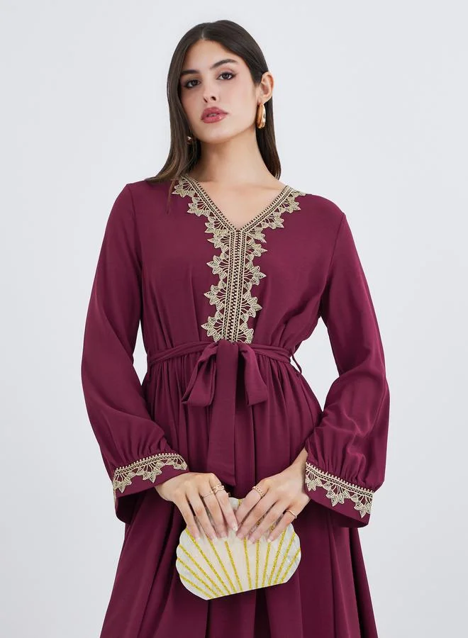 Amirah Burgundy Women Burgundy Lace Detail V Neck Jalabiya with Fabric Belt for Women | Best Price UAE
