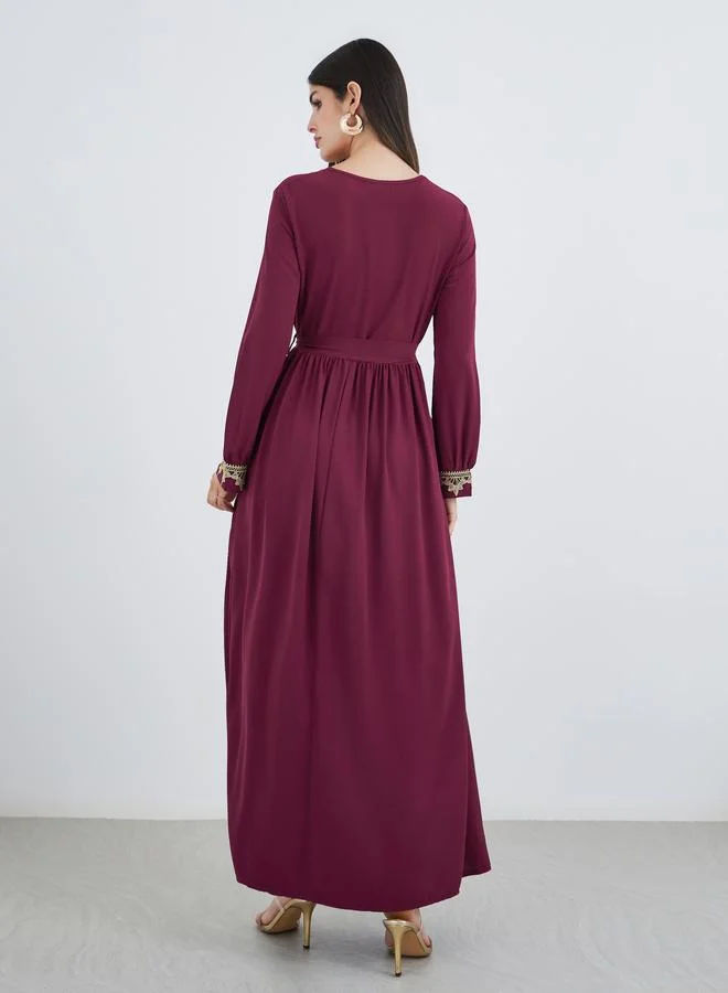 Amirah Burgundy Women Burgundy Lace Detail V Neck Jalabiya with Fabric Belt for Women | Best Price UAE