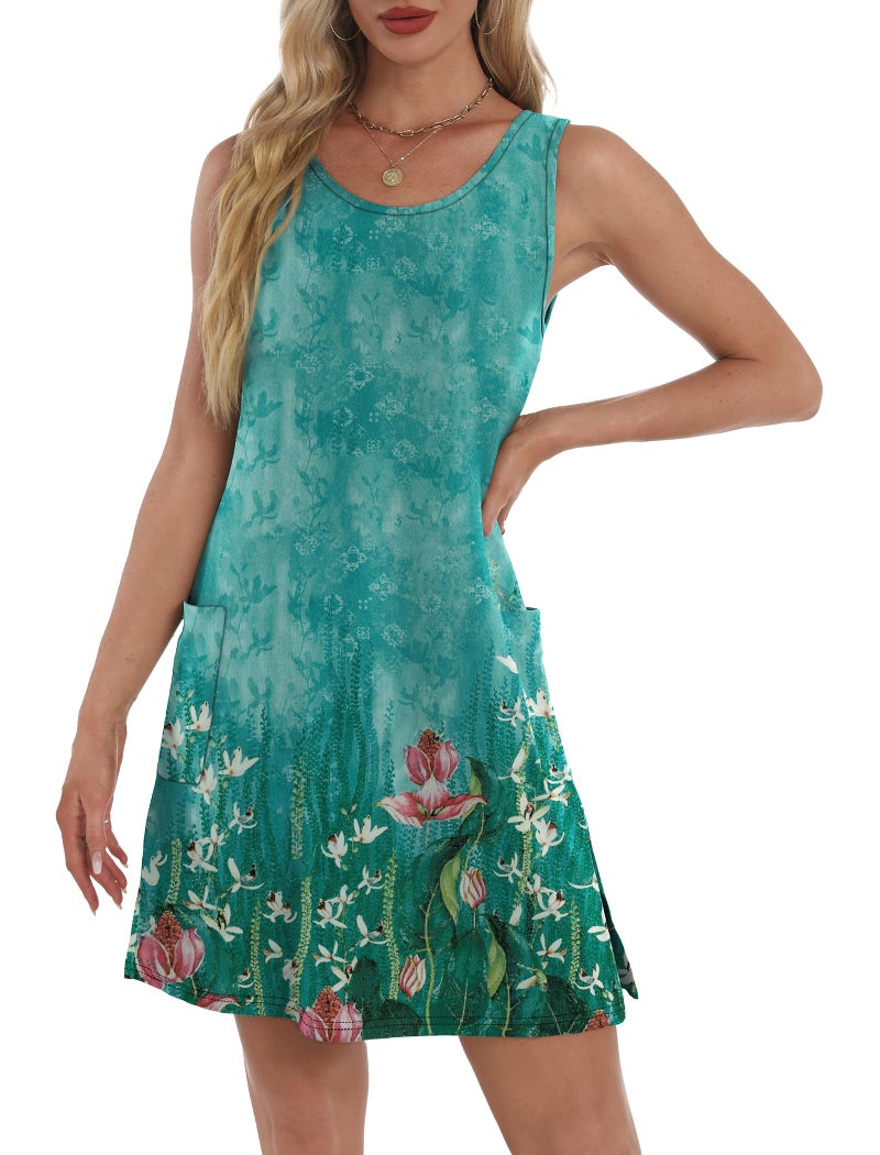 BKRIVE Summer Dresses for Women 2026 Loose Fit Round Neck Sleeveless Sundresses Beach Fashion Tank Dress with Pockets Flora Blue L - Image 4