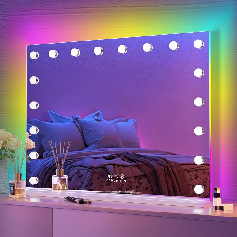 FENCHILIN FENCHILIN RGB LED Vanity Mirror with Front Light and RGB Backlit Lighted Hollywood Makeup Mirror with 18 Dimmable Bulbs Smart Touch for Bedroom (32"x23") White 