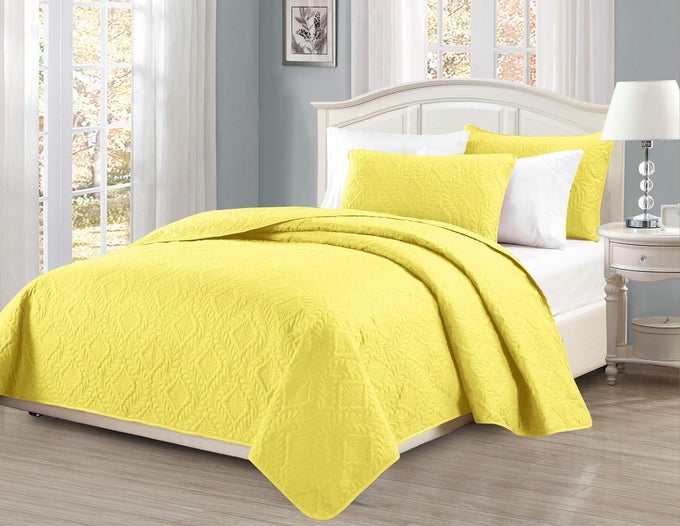MK COLLECTION FULLQUEEN SIZE OVER SIZE 100X106 3PC DIAMOND BEDSPREAD BEDCOVER EMBOSSED SOLID YELLOW NEW