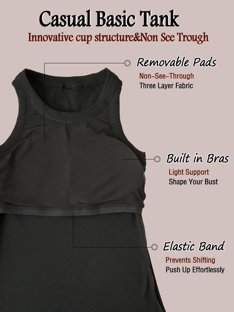 Danysu Racerback Tank Tops with Built in Bra for Women High Neck Ribbed Basics Fitted Long Bra Tanks Black X-Small - Image 3