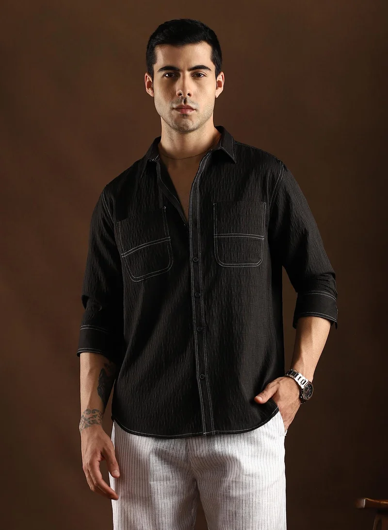 Campus Sutra Men's Onyx Black Contrast-Stitch Utility Shirt