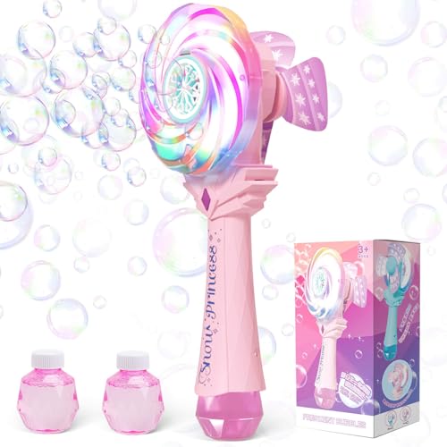 Britik Bubble Wands for Kids Age 4-8: Windmill Light Up Automatic Bubble Machine Rechargeable With 2 Bubble Solution Outdoor Party Birthday Toys for Toddlers, Gift for 3 4 5 6 7 8 Year Old Girls, Pink - Image 1