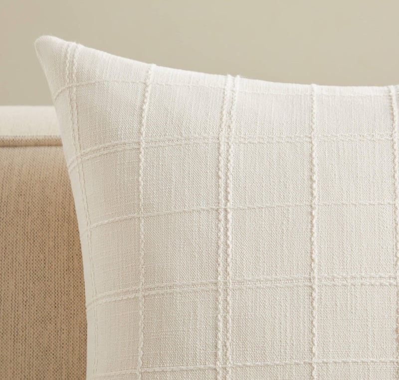ZeeMart Linen Checked Throw Pillow Covers Set of 2, 18x18 Inch Ivory/Cream, Farmhouse Decorative Single Sided Grid Embroidered Couch Pillow Cases Off White Cotton Linen Cushion Covers - Image 3
