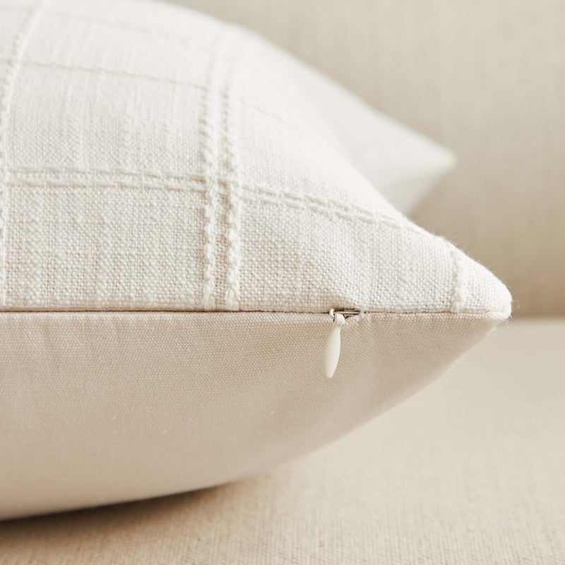 ZeeMart Linen Checked Throw Pillow Covers Set of 2, 18x18 Inch Ivory/Cream, Farmhouse Decorative Single Sided Grid Embroidered Couch Pillow Cases Off White Cotton Linen Cushion Covers - Image 4