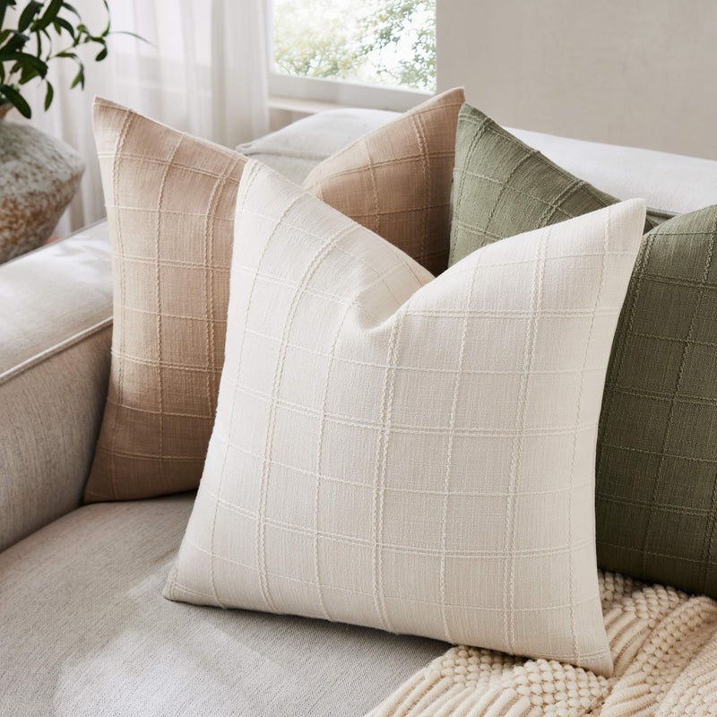 ZeeMart Linen Checked Throw Pillow Covers Set of 2, 18x18 Inch Ivory/Cream, Farmhouse Decorative Single Sided Grid Embroidered Couch Pillow Cases Off White Cotton Linen Cushion Covers - Image 2