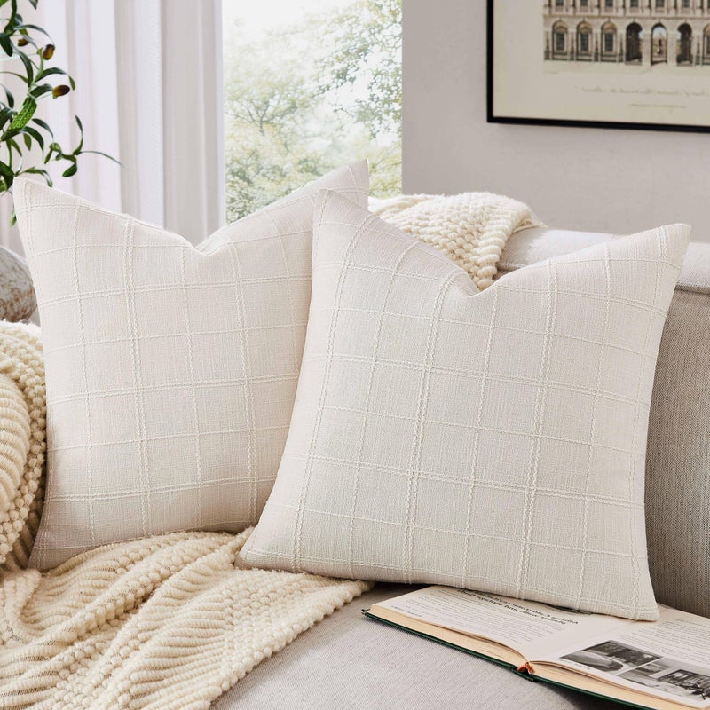 ZeeMart Linen Checked Throw Pillow Covers Set of 2, 18x18 Inch Ivory/Cream, Farmhouse Decorative Single Sided Grid Embroidered Couch Pillow Cases Off White Cotton Linen Cushion Covers - Image 1