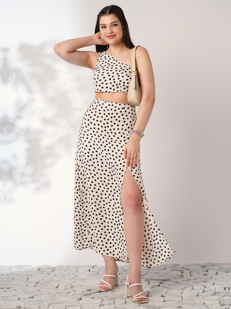 globus Globus Women Multi Color Polka Print One Shoulder Crop Top With Side Slit Maxi Skirt Co-Ord Set  - Image 1