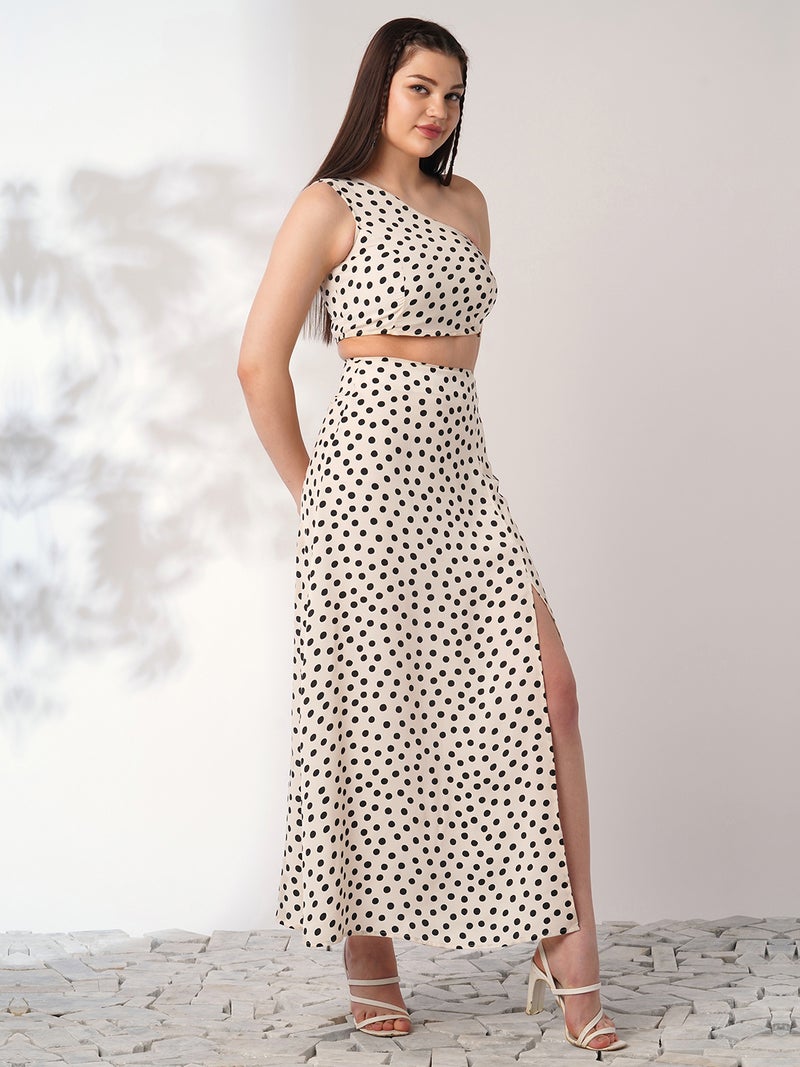 globus Globus Women Multi Color Polka Print One Shoulder Crop Top With Side Slit Maxi Skirt Co-Ord Set  - Image 2