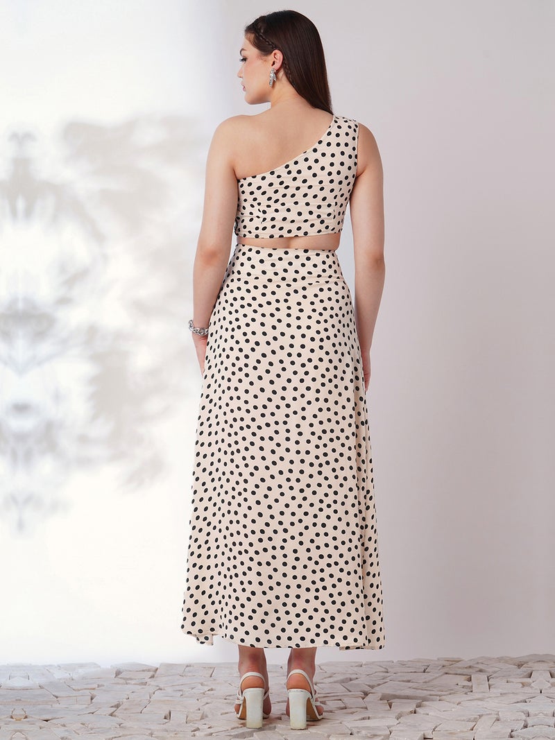 globus Globus Women Multi Color Polka Print One Shoulder Crop Top With Side Slit Maxi Skirt Co-Ord Set  - Image 3