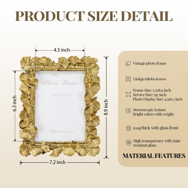 Cuspin 5x7 Picture Frame, Vintage Ornate Gold Resin Frame with Glass Front, Ginkgo Leaf Textured Photo Frame for Wall Hanging or Tabletop Display, Retro Design Home Decor Gift - Image 5